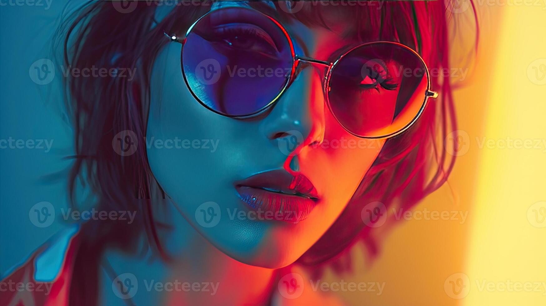 Woman With Sunglasses in Neon Background photo