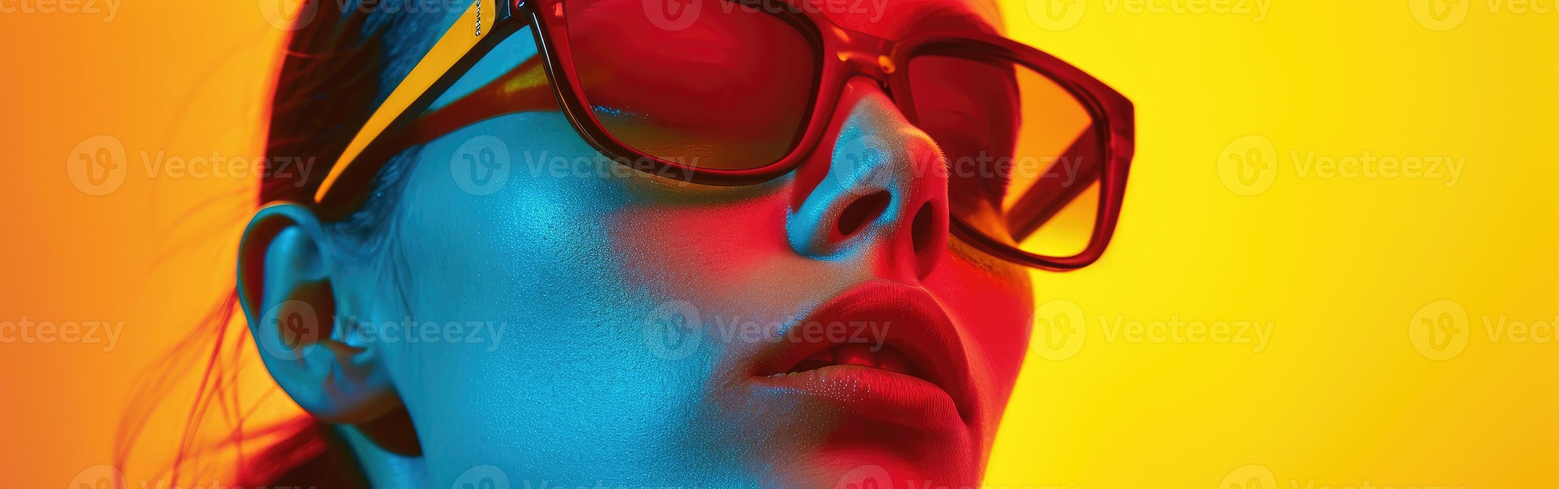 Woman With Red Glasses and Yellow Background photo