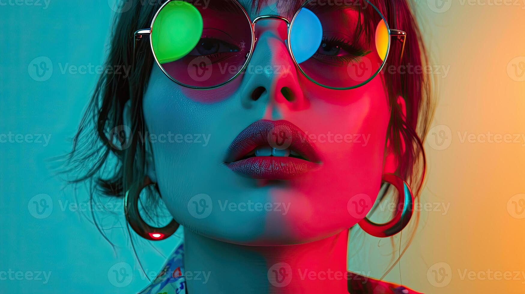 Woman With Round Glasses and Neon Lights on Face photo