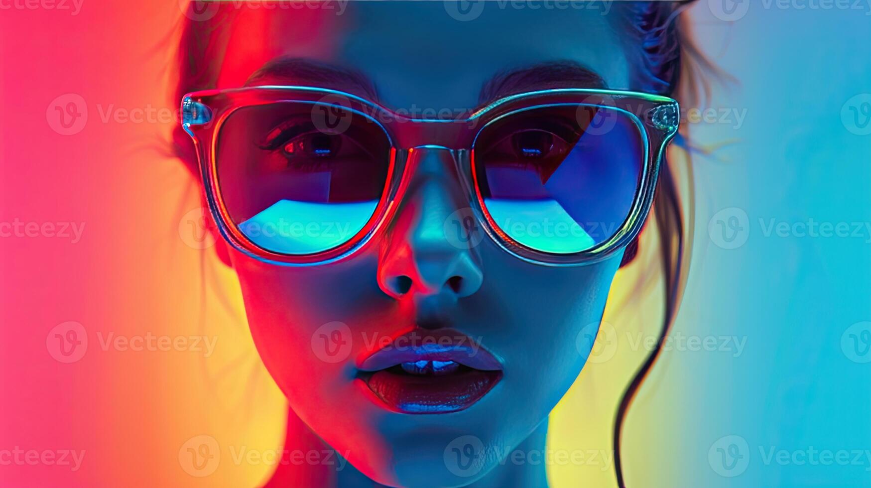 Woman Wearing Sunglasses With Neon Background photo