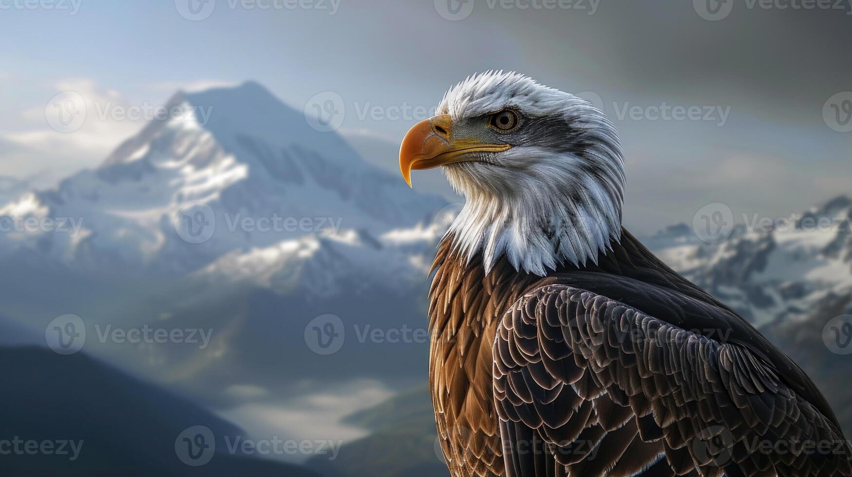 Majestic Bald Eagle Soaring Above Mountain photo
