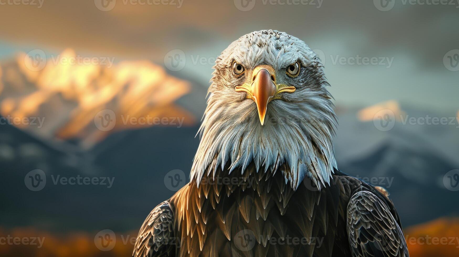 Bald Eagle Standing in Front of Mountain Range photo