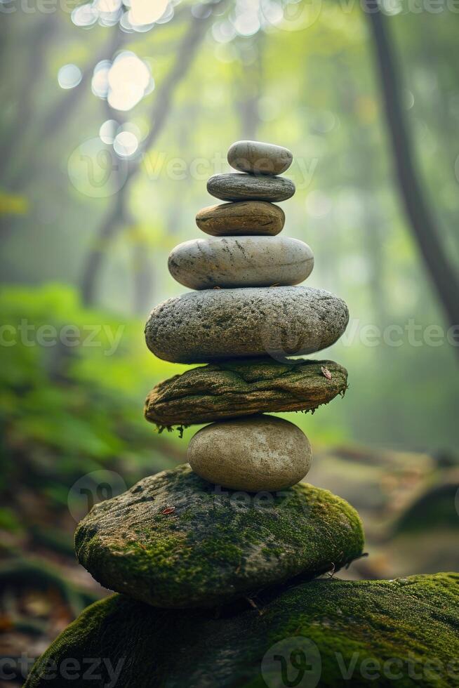 Moss Covered Rock With Stack of Rocks photo