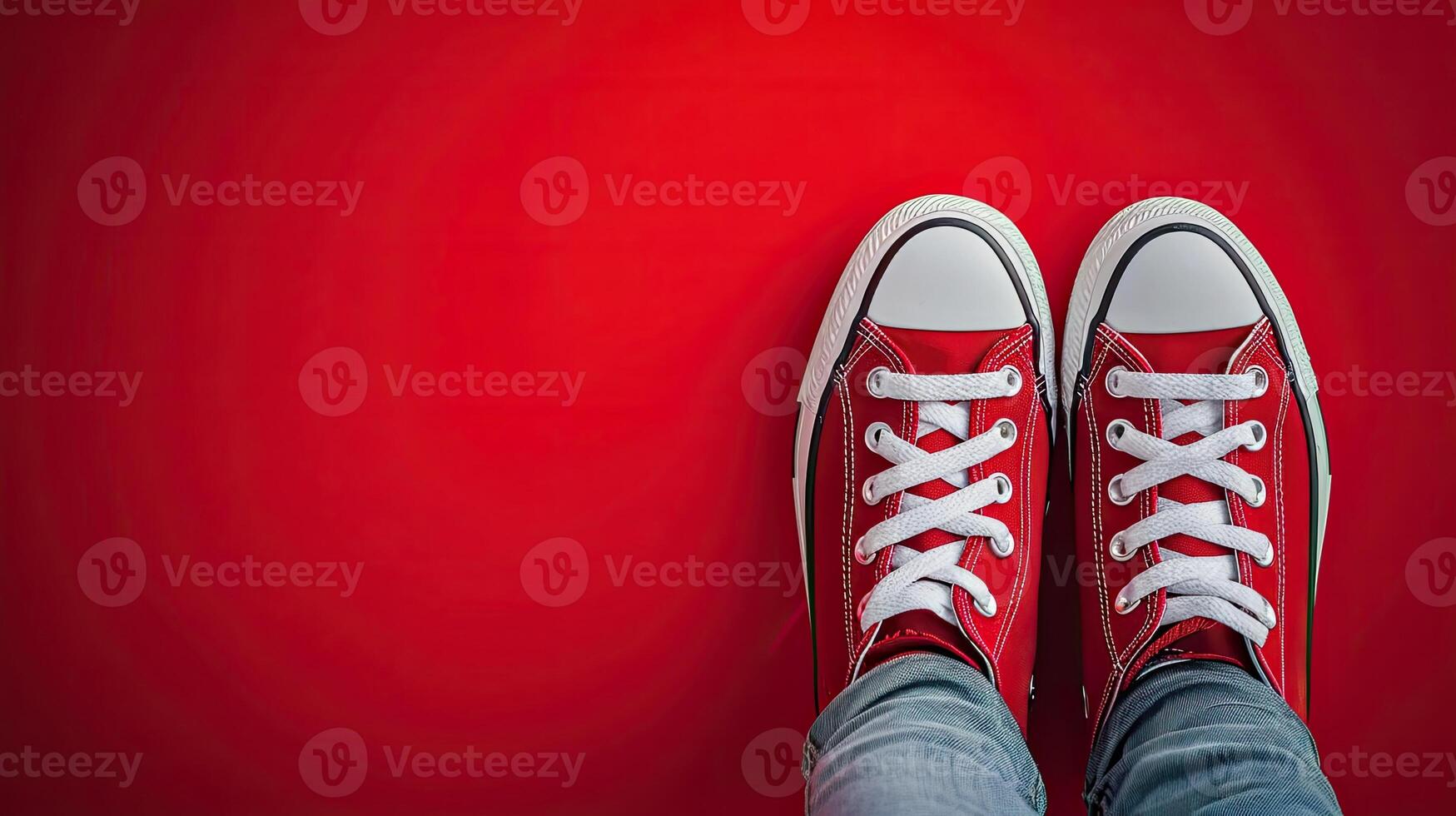 Feet With Red Sneakers on Red Background photo
