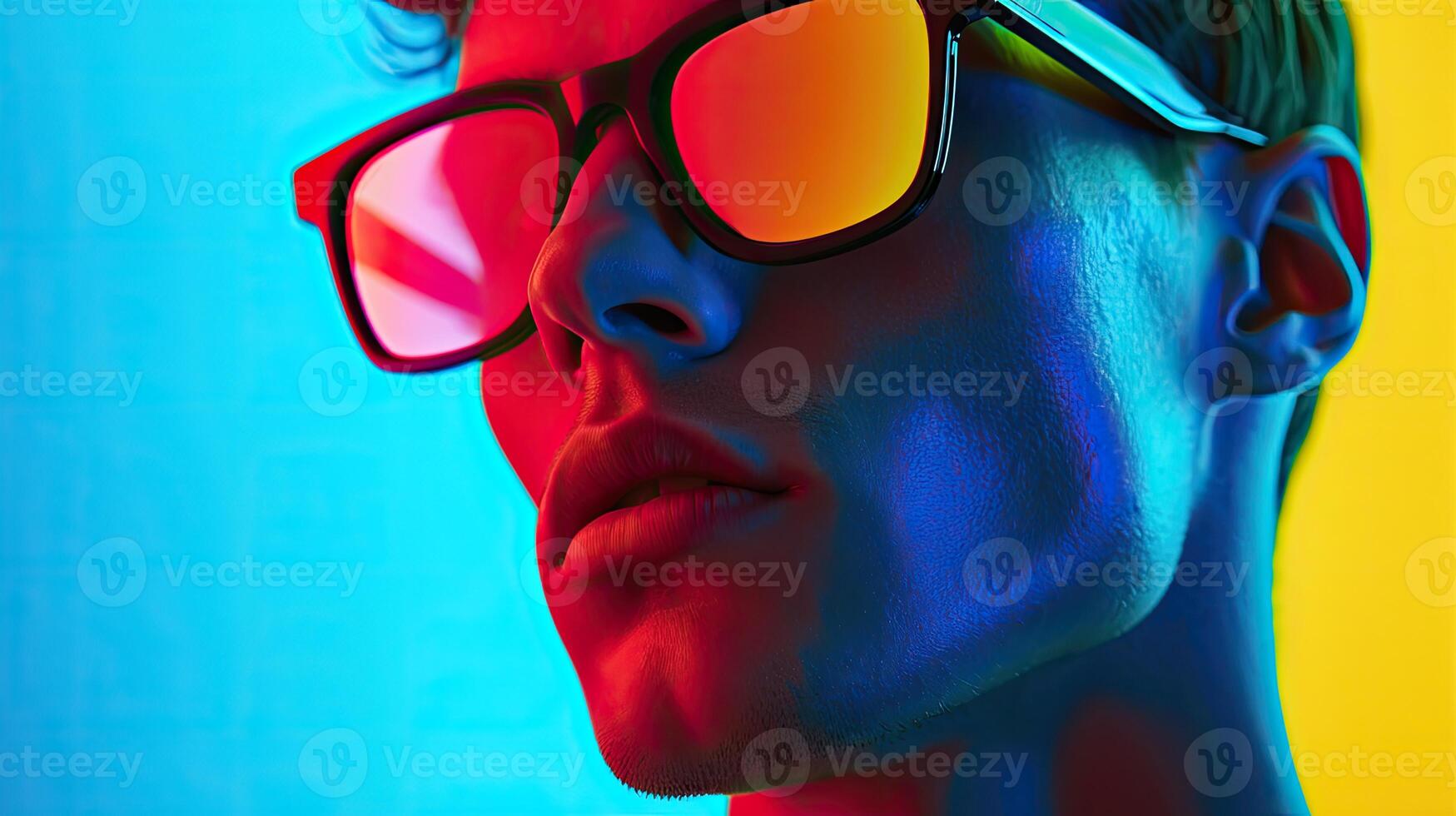 Sunglass-crowned man on blue-yellow backdrop photo