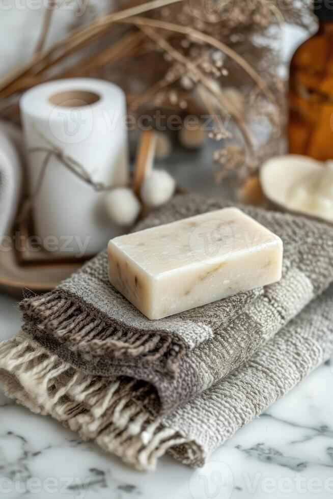Soap Bar Resting on a Towel photo