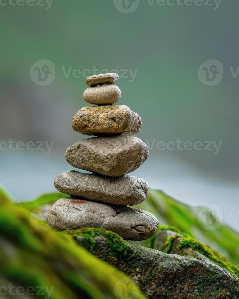 Stack of Rocks on Mossy Stone photo