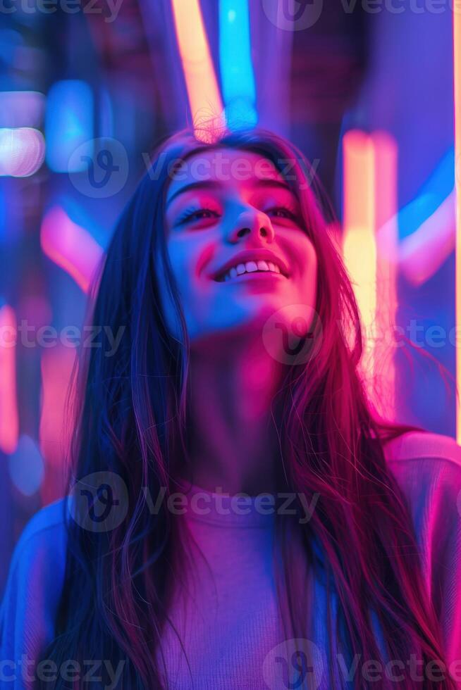 Woman Smiling Under Neon Lights photo