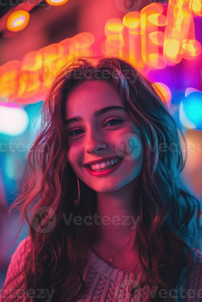 Woman Smiling Under Neon Lights photo