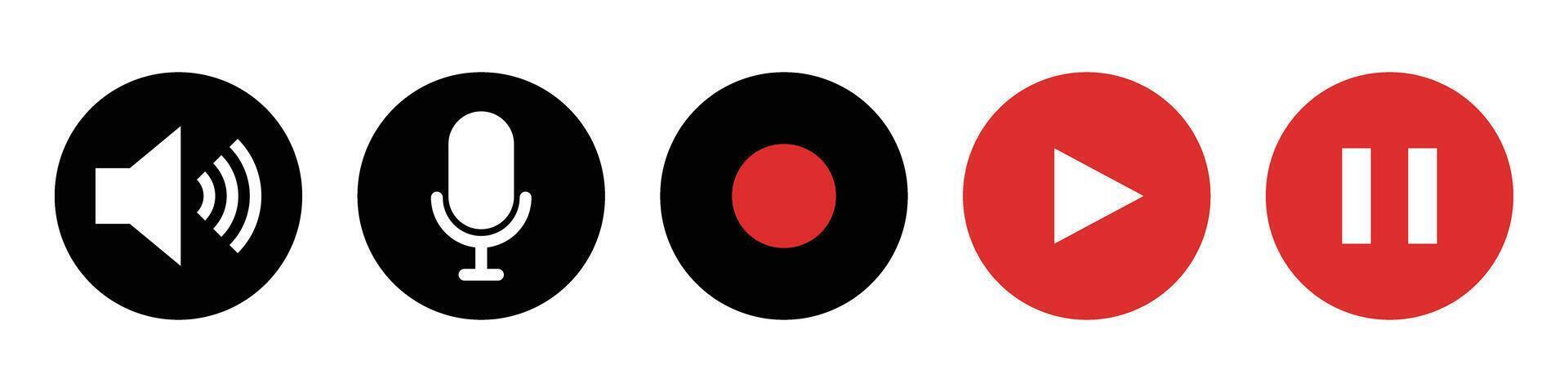 A set of icons for sound, microphone, REC, play, and pause buttons. Web icons. vector