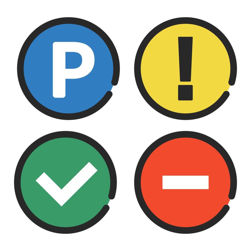 Parking sign and caution sign, check mark and stop sign. vector