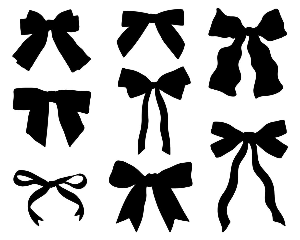 Set of simple decorative holiday ribbon bows isolated on white background. Bow silhouette hand drown vector