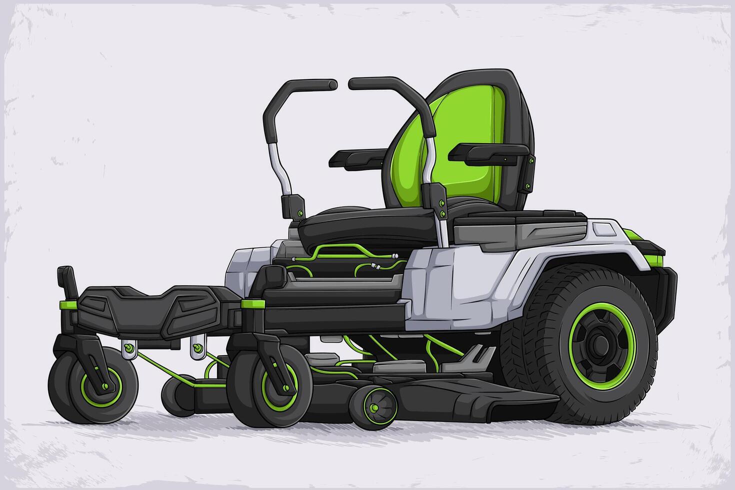 Hand drawn small electric riding Lawn Mowers machine, green Lawn tractor or zero turn mowers vehicle vector