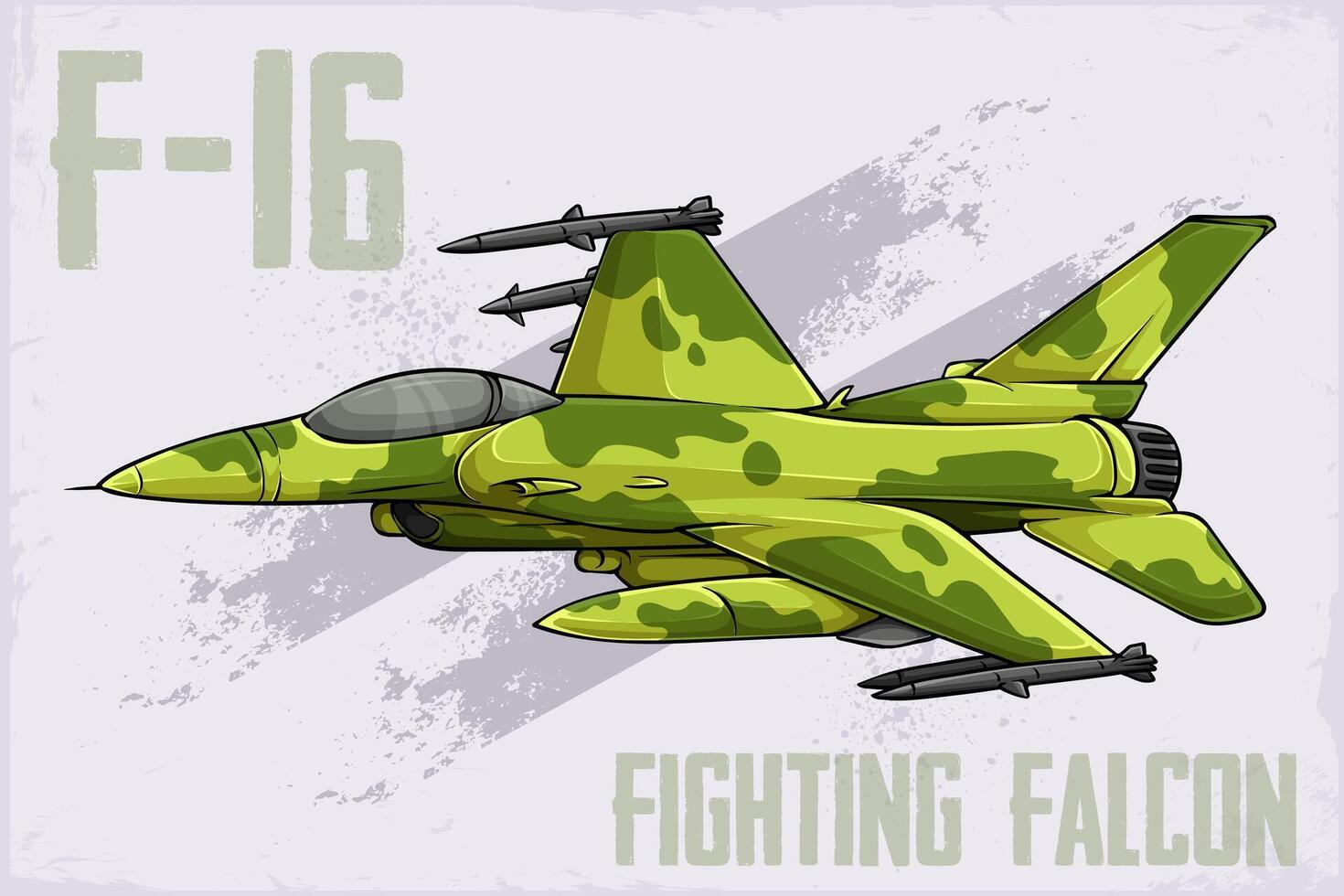 Hand drawn Dynamic F-16 Fighting Falcon with green forest camo American supersonic fighter aircraft vector