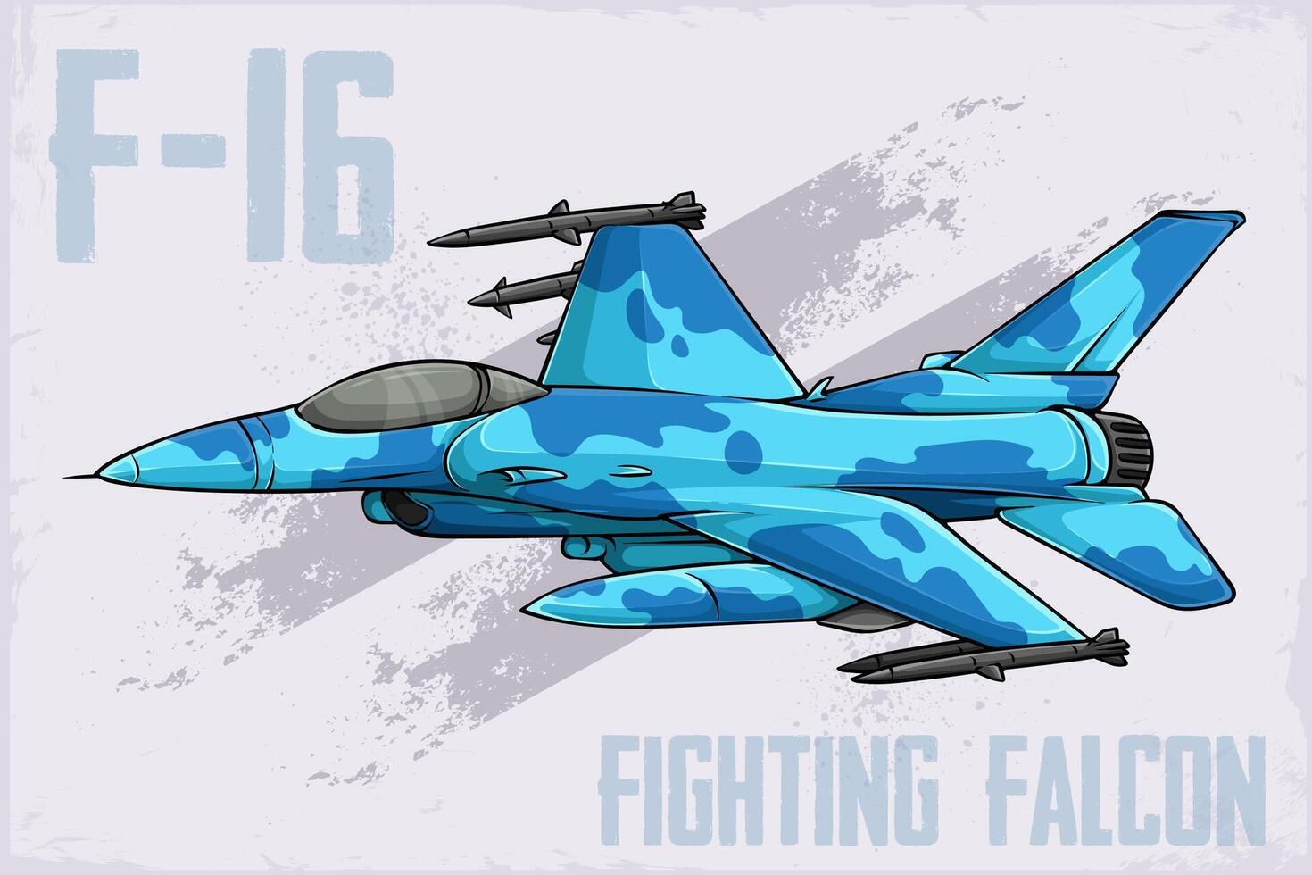 Hand drawn Dynamic F-16 Fighting Falcon with blue sky camo American supersonic fighter aircraft vector