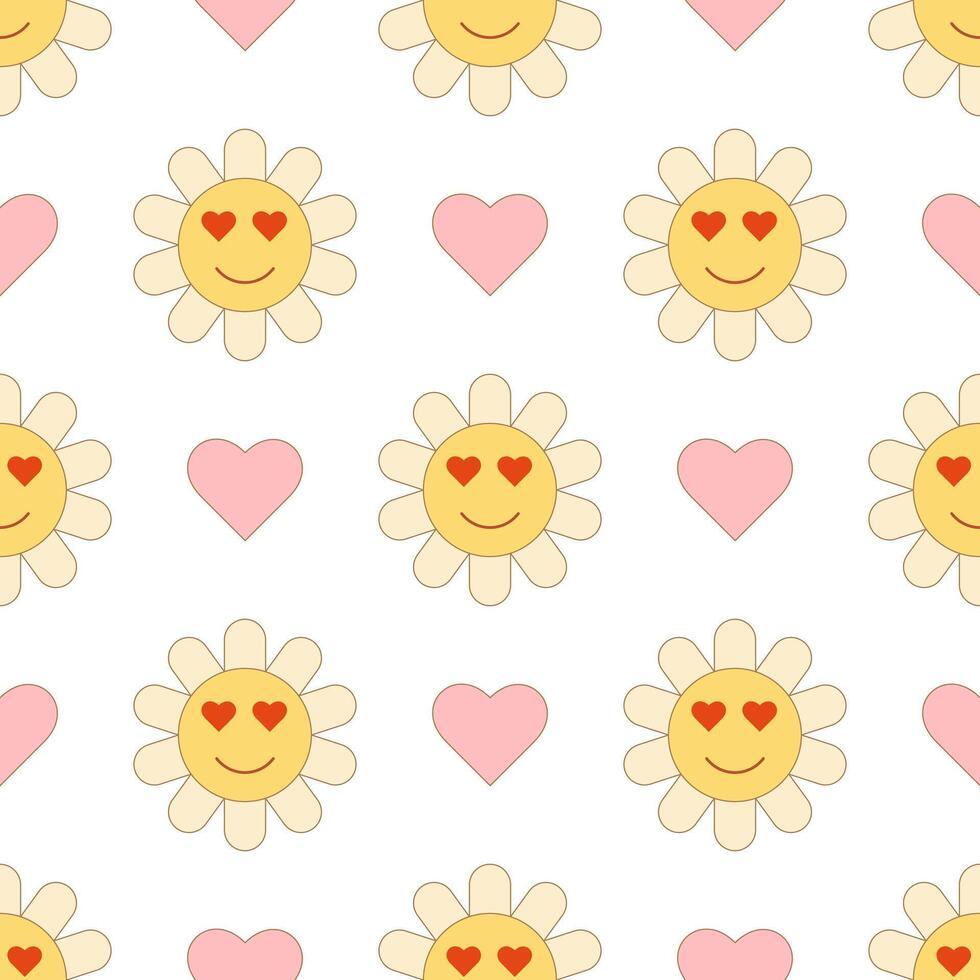Simple seamless pattern of cartoon daisy lovers. Flat retro groovy style. vector