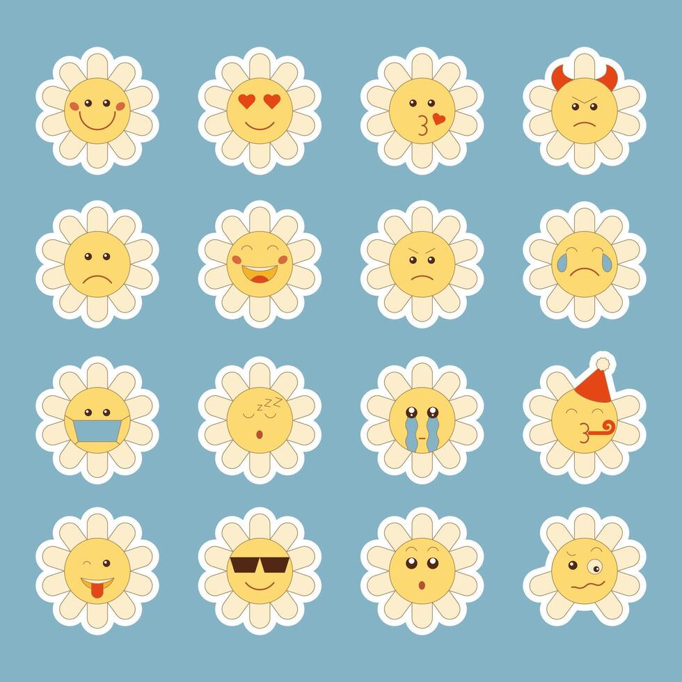 Set of vintage emoji daisy stickers in flat retro groovy style. Different emotions. Blue background. vector