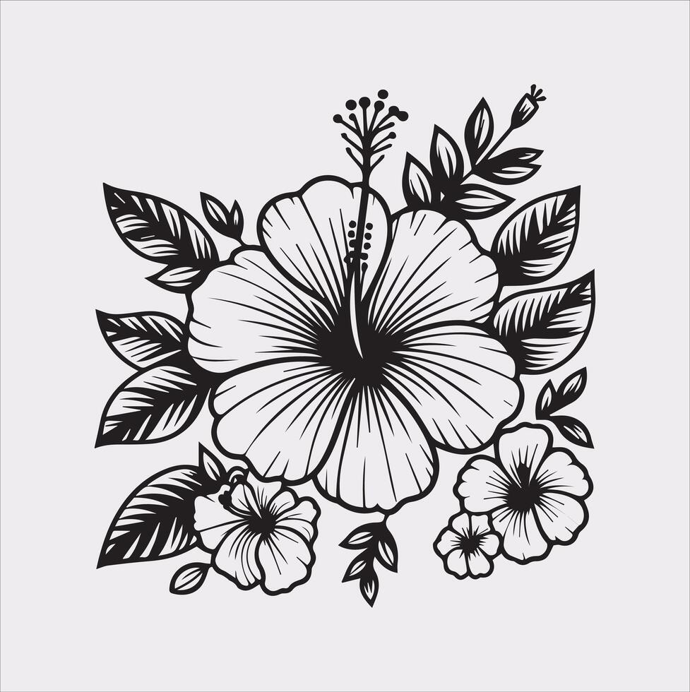 hibiscus flower line art silhouette on white background vector