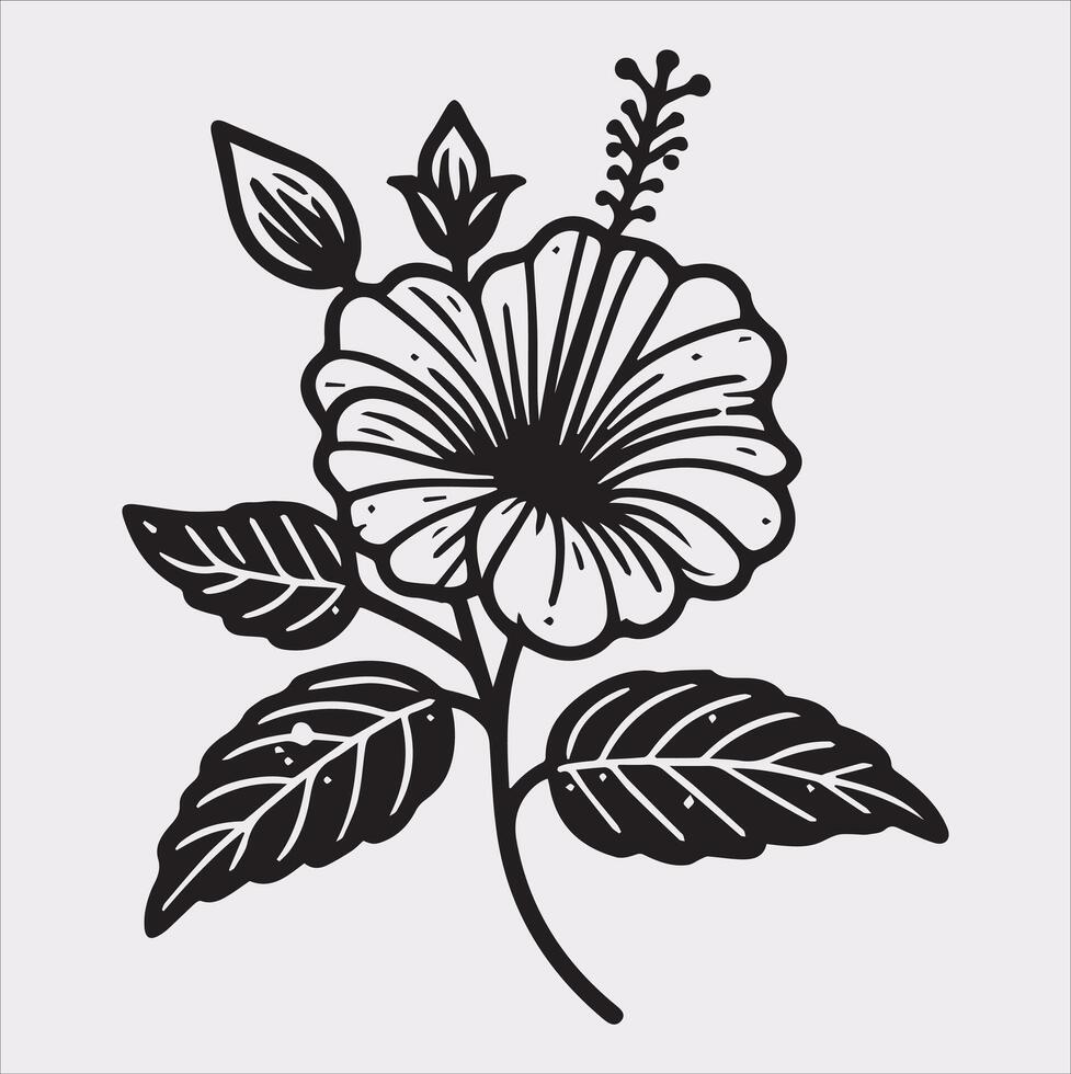hibiscus flower line art silhouette on white background vector