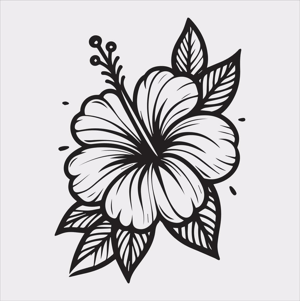 hibiscus flower line art silhouette on white background vector