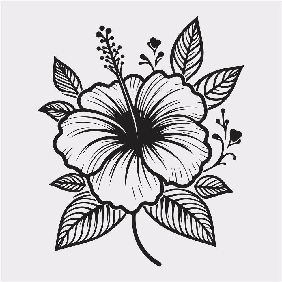 hibiscus flower line art silhouette on white background vector