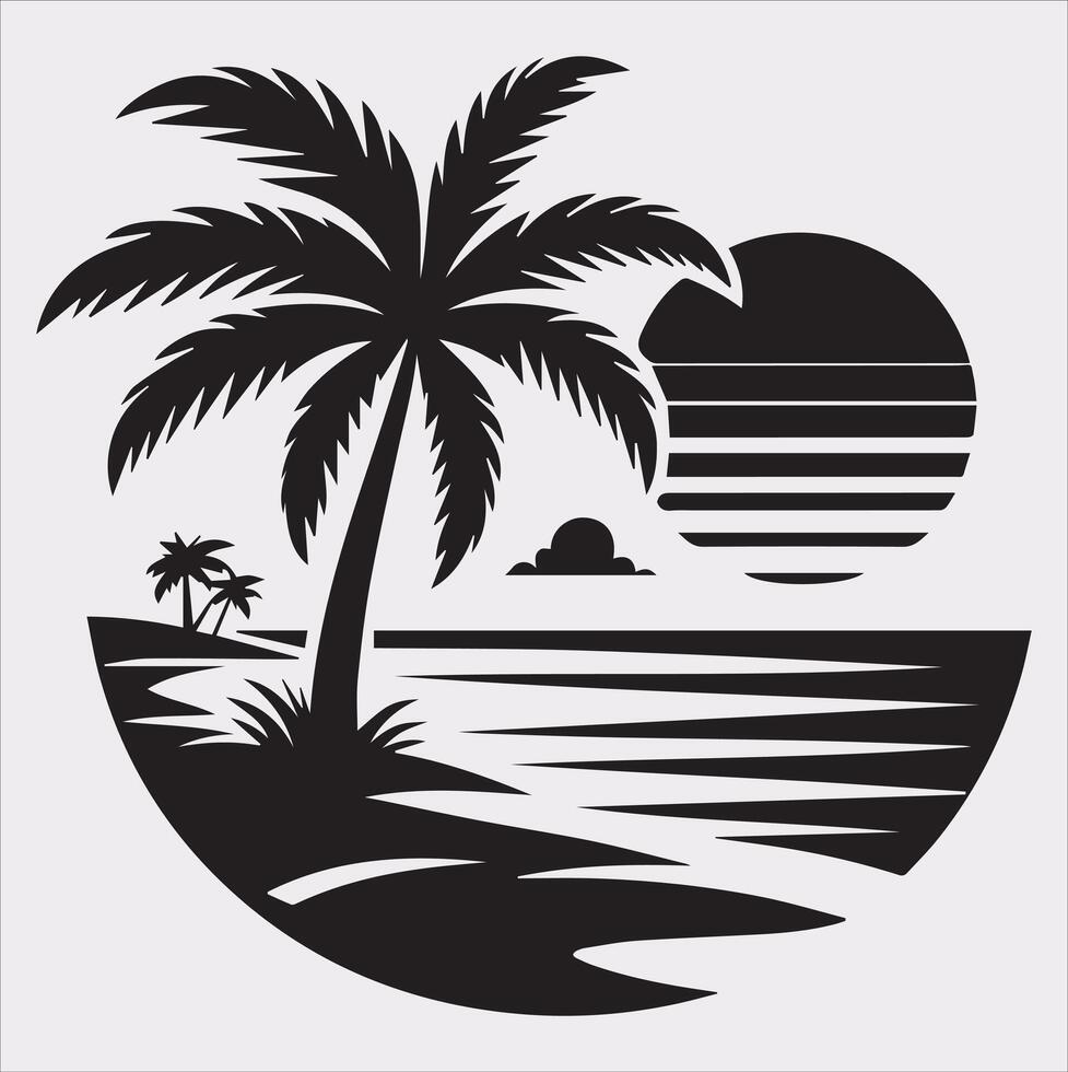 palm tree beach silhouette on white background vector