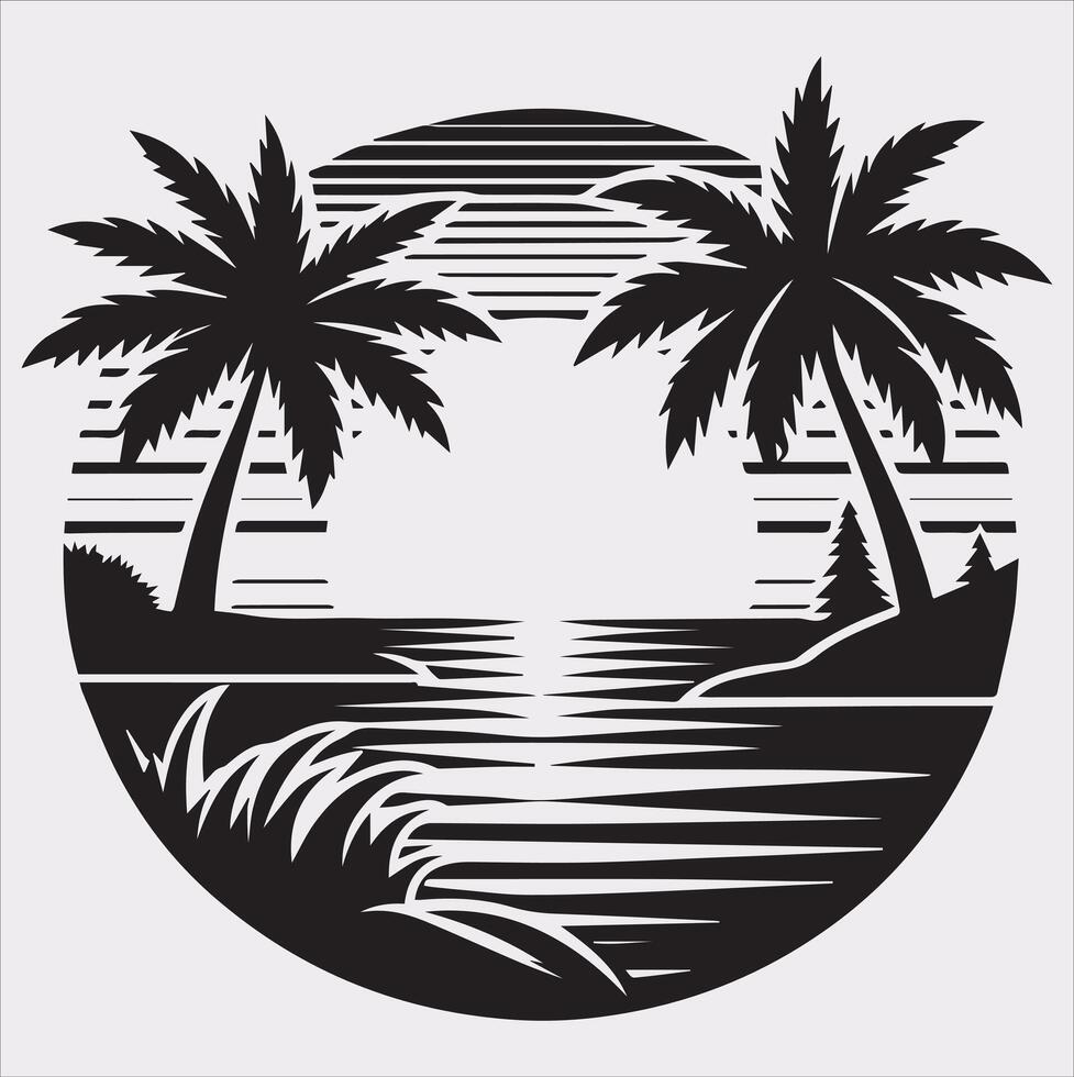 palm tree beach silhouette on white background vector