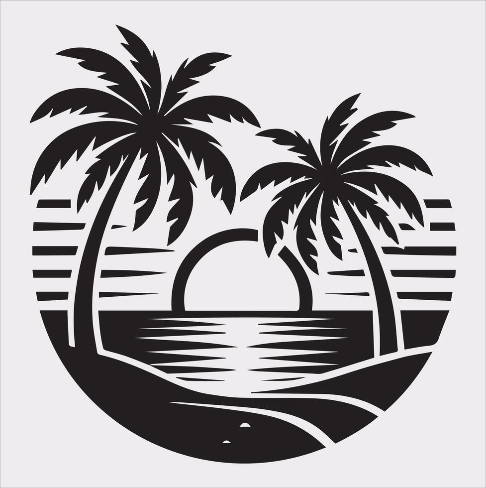 palm tree beach silhouette on white background vector