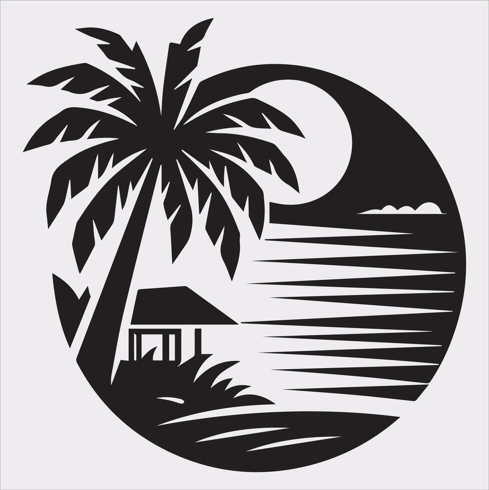 palm tree beach silhouette on white background vector