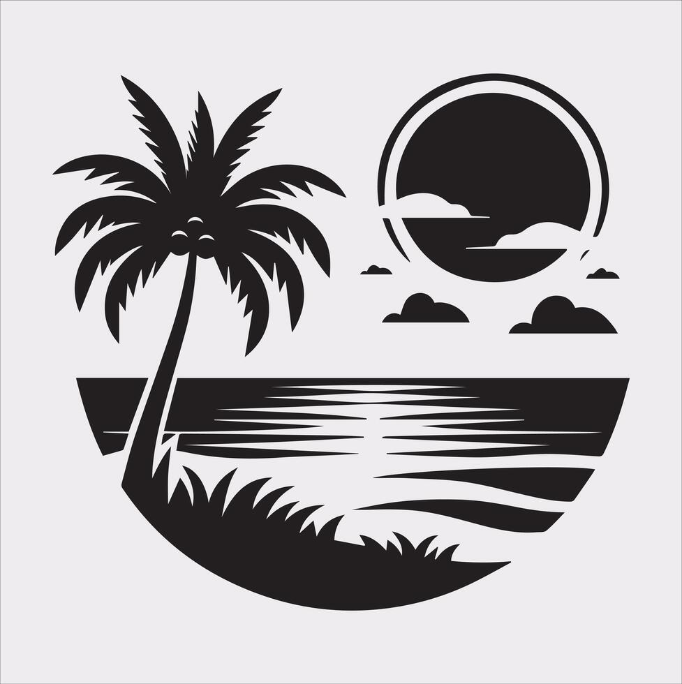palm tree beach silhouette on white background vector