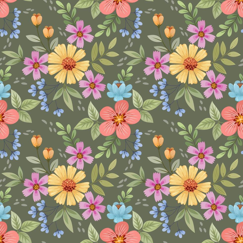 Beautiful blooming flowers design on green color background seamless pattern. vector