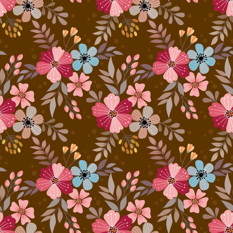 Cute colorful flowers on brown color background seamless pattern. vector