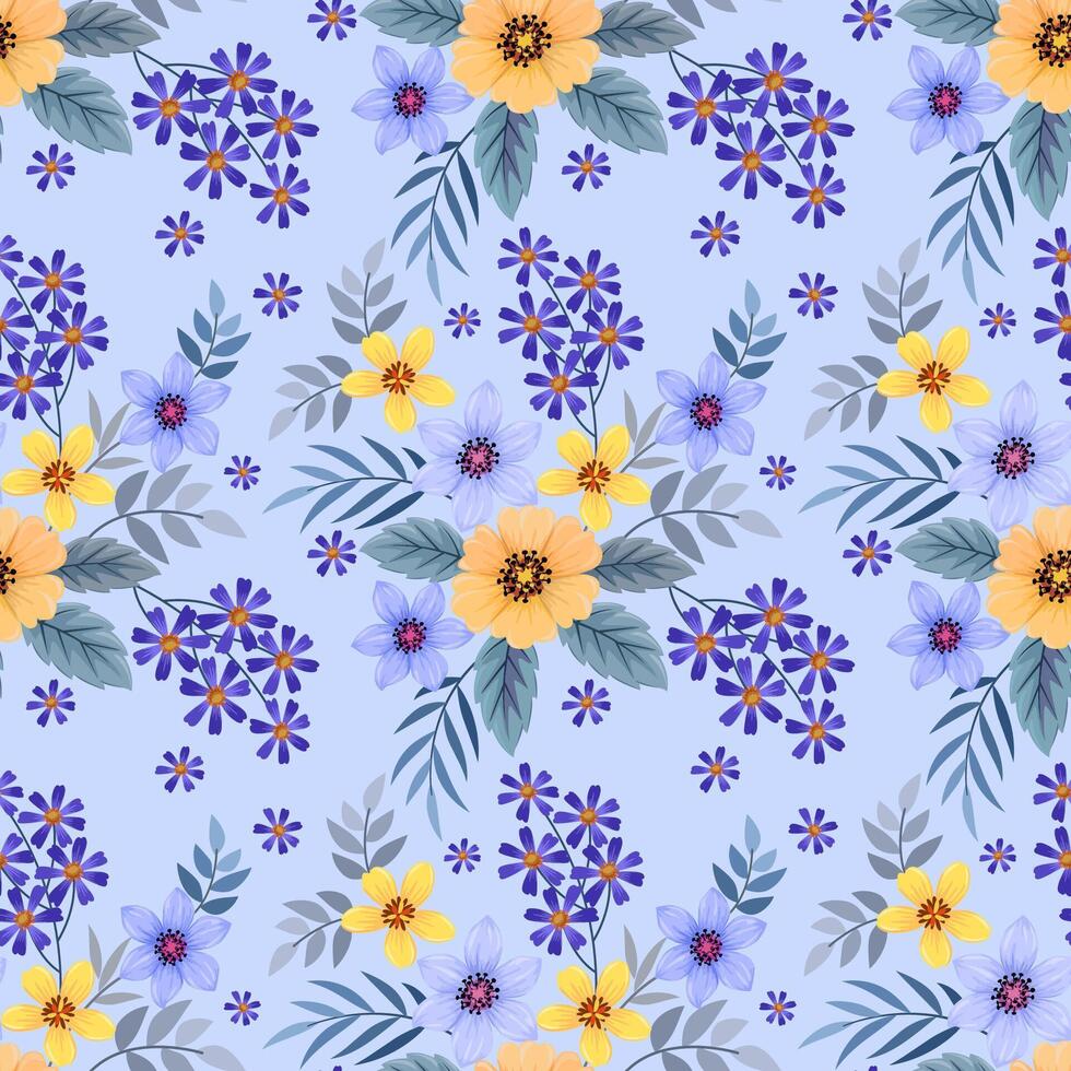 Beautiful blooming flowers design on blue color background seamless pattern. vector