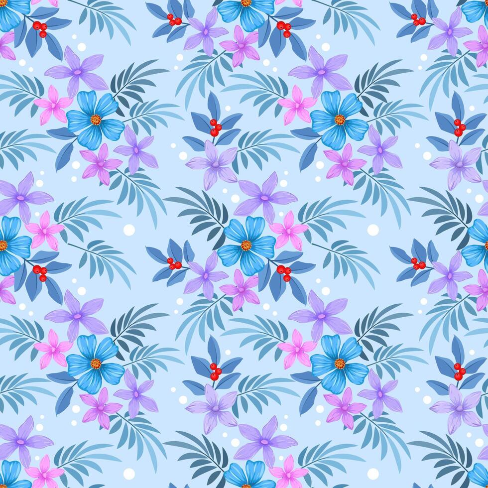 Beautiful blooming flowers design on blue color background seamless pattern. vector