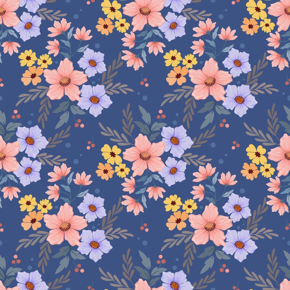 Beautiful blooming flowers design on blue color background seamless pattern. vector