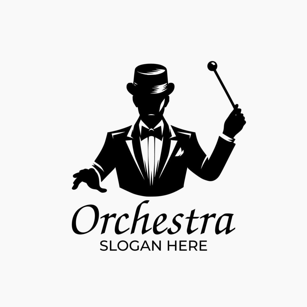The silhouette logo in the form of a hat and a hand holding a baton symbolizes the conductor who guides the music. vector