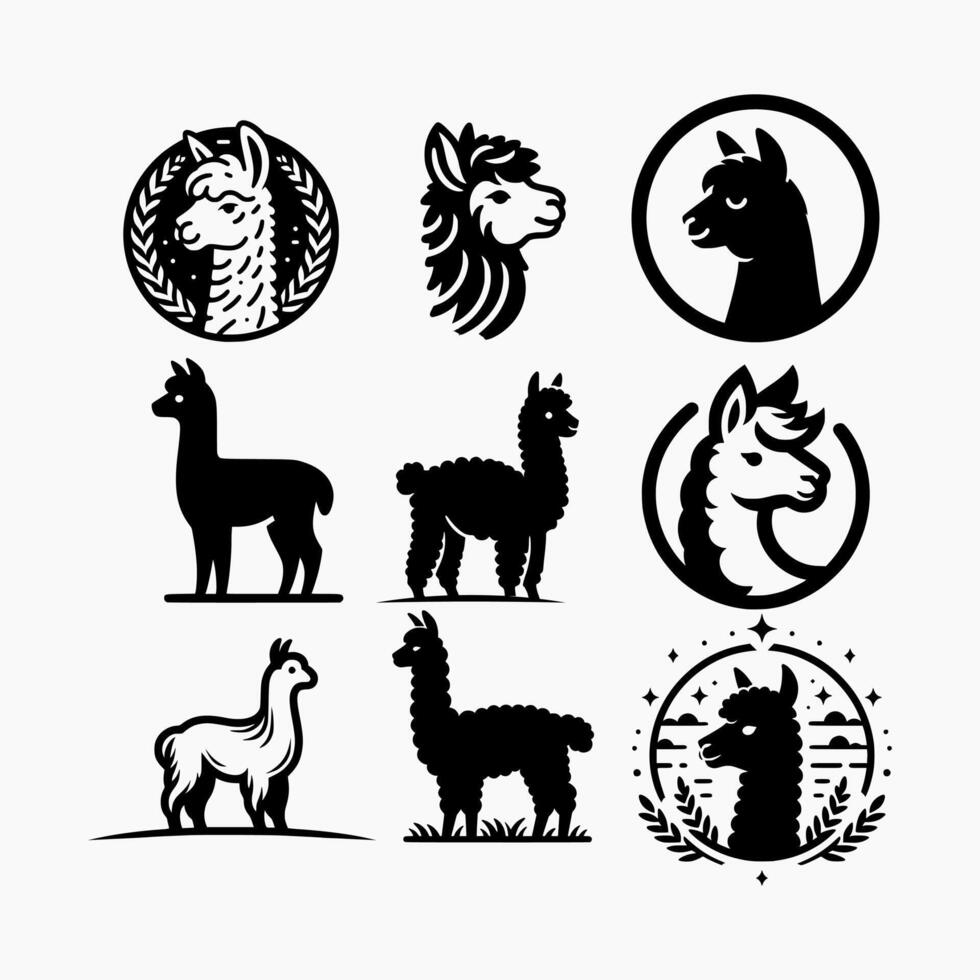 set of alpaca silhouette logo design vector