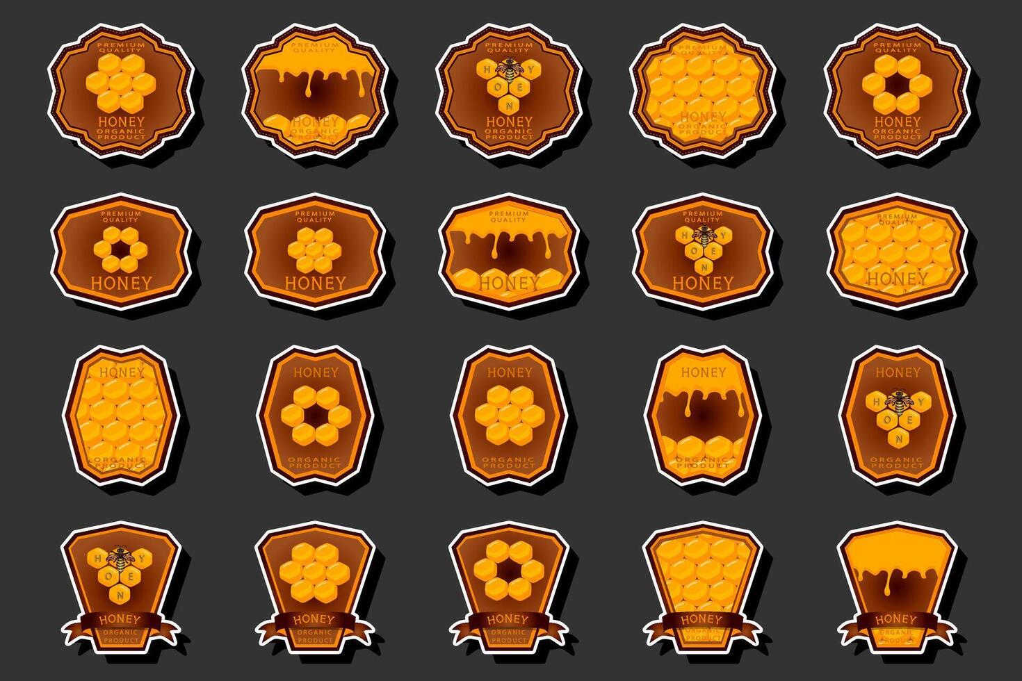 Illustration on theme for label of sugary flowing down honey in honeycomb with bee vector
