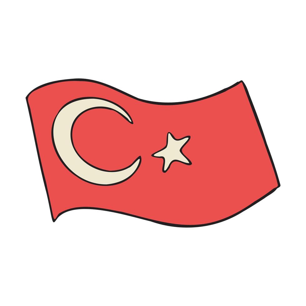 Illustration of the Turkish flag featuring a red background with a white crescent moon and star. The flag is depicted waving, symbolizing national pride and identity vector