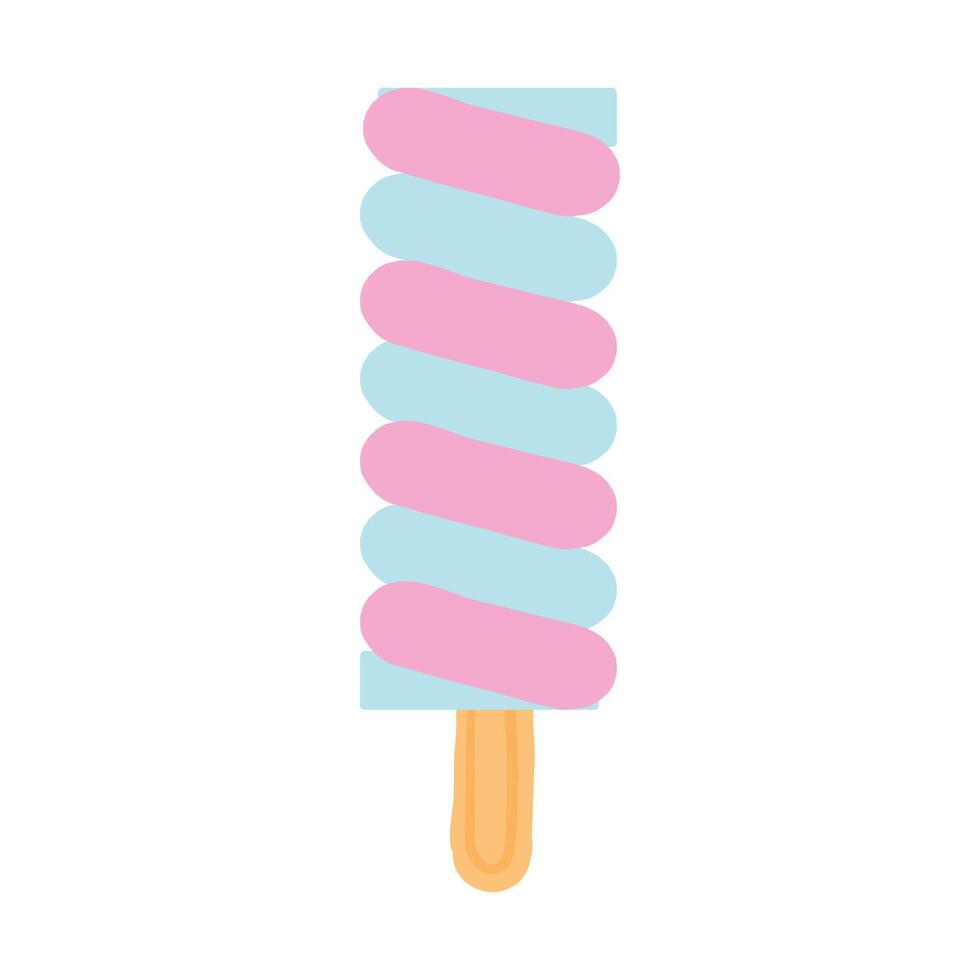 A cute pastel-colored pop ice cream stick illustration with pink and blue stripes, on a wooden stick. This whimsical design captures the fun and refreshing essence of a delicious summer treat vector