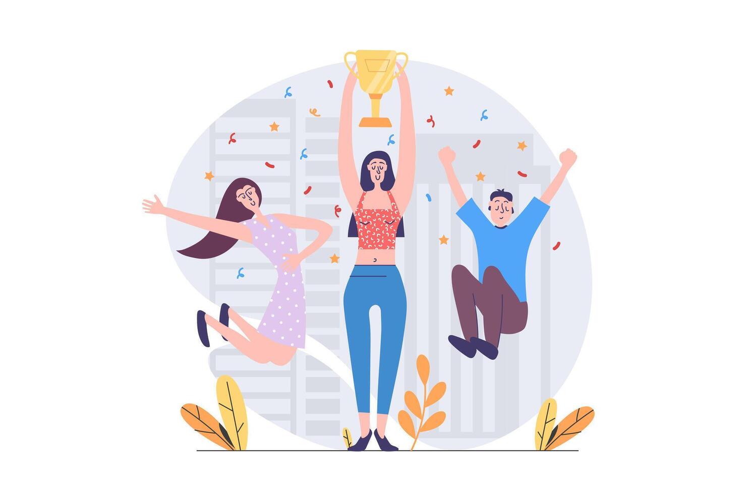 Leadership concept in modern flat design for web. Businesswoman and businessman achieve career goal, getting victory and cup prize reward, celebrating competition win in team. illustration. vector