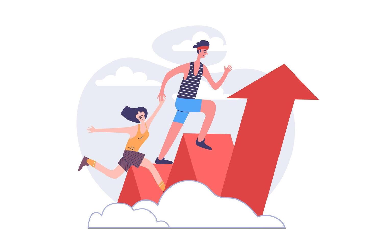 Leadership concept in modern flat design for web. Businesswoman and businessman achieve career goal with progress arrow growth, finding best opportunities for up directions. illustration. vector