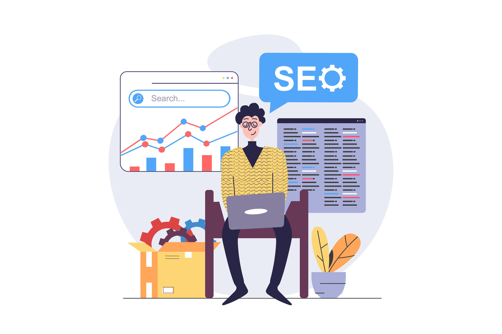 SEO optimization concept in modern flat design for web. Man analyzing ...