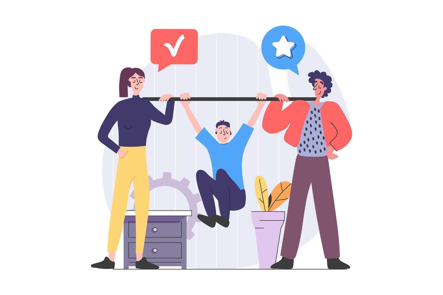 Teamwork concept in modern flat design for web. Man and woman cooperating and communicating in team, helping and supporting each other, brainstorming and finding opportunities. illustration vector