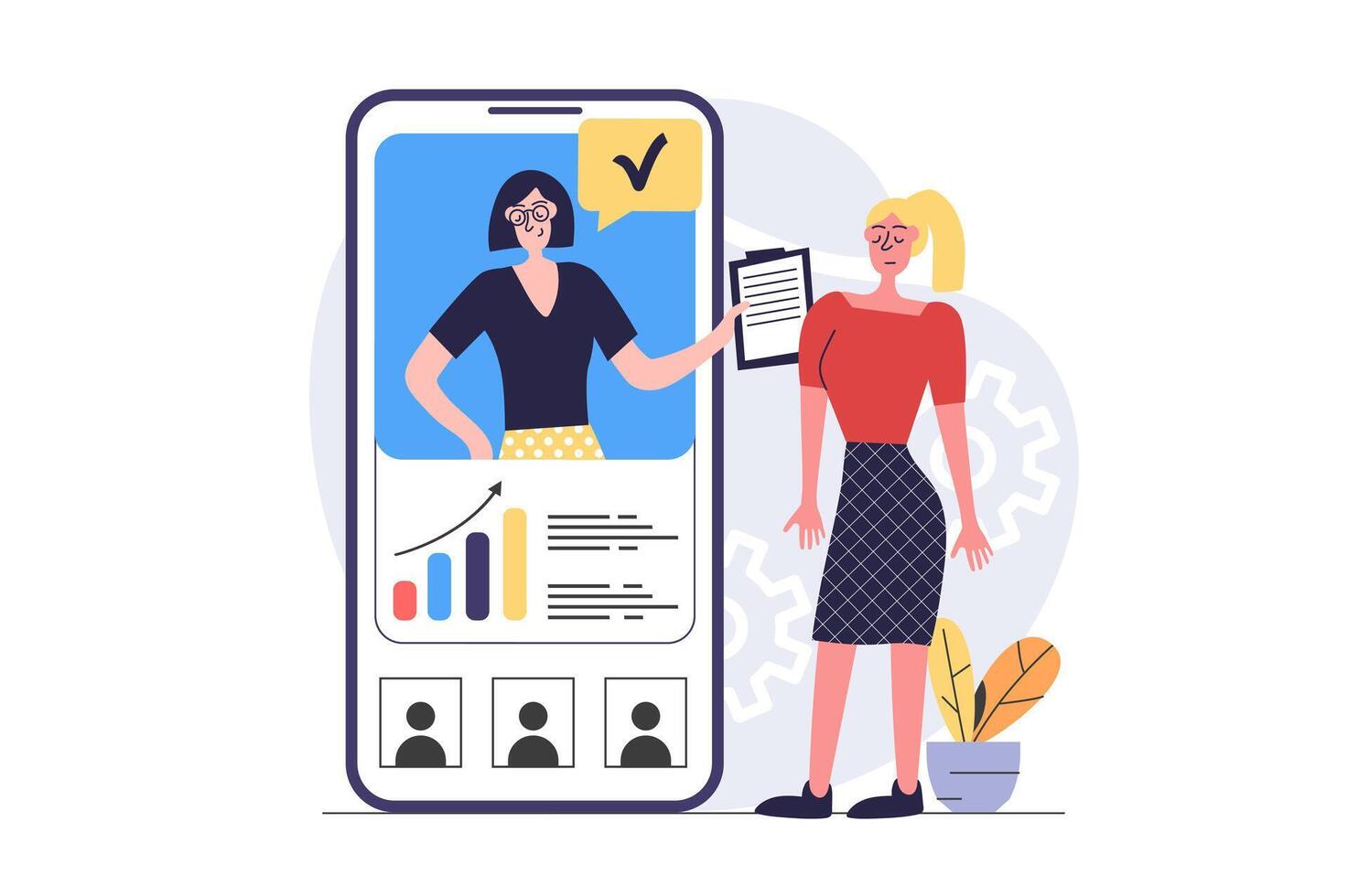 conference concept in modern flat design for web. Women connecting online via zoom call from mobile app, speaking and discussing work, manager briefing employee remotely. illustration. vector
