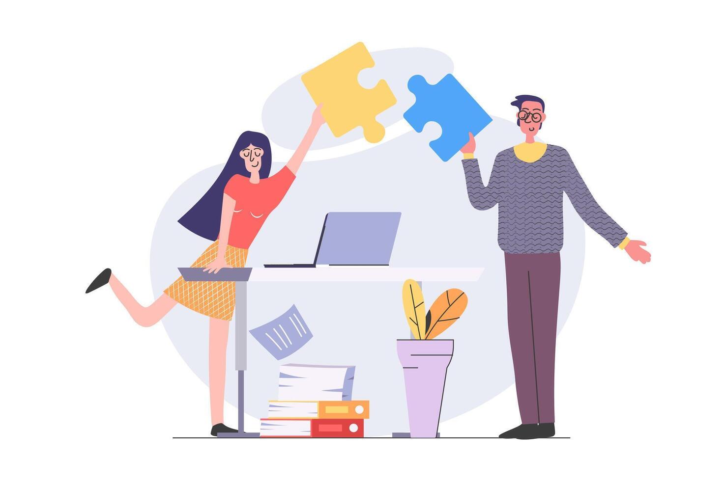 Teamwork concept in modern flat design for web. Man and woman cooperating and brainstorming in office, connecting puzzle project pieces, doing challenges and support partners. illustration. vector