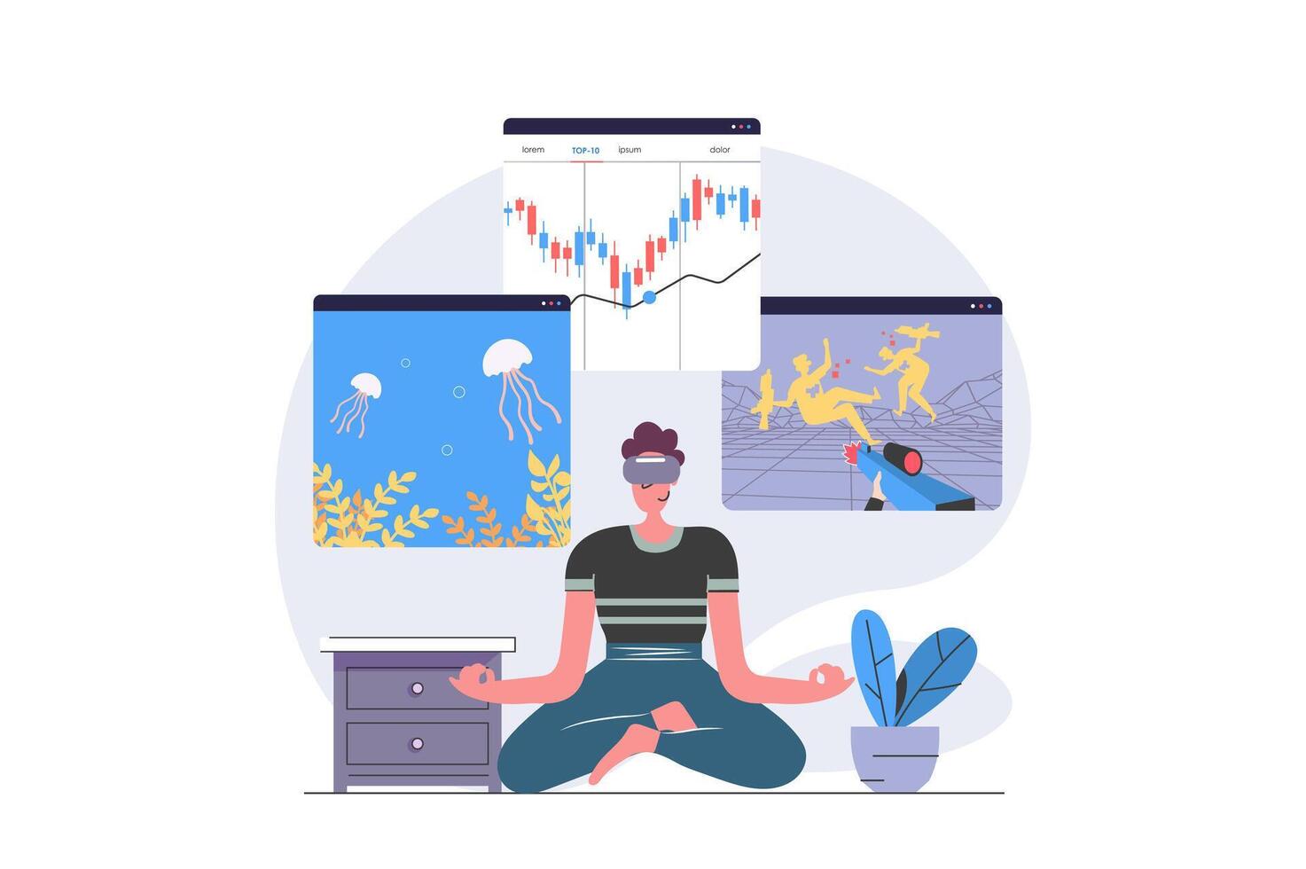 Virtual reality concept in modern flat design for web. Man in VR headset paying shooter game and online aquarium, working with data graph analysis on augmented screens simulation. illustration. vector