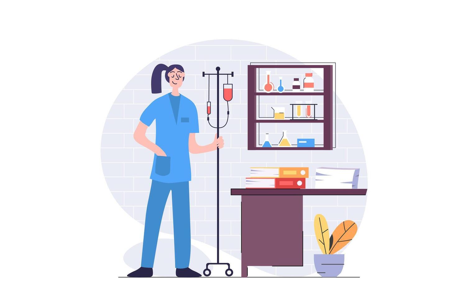 Medicine concept in modern flat design for web. Nurse with dropper helps patients in hospital wards, doing assistance, supports in intensive resuscitation, taking care in clinic. illustration. vector