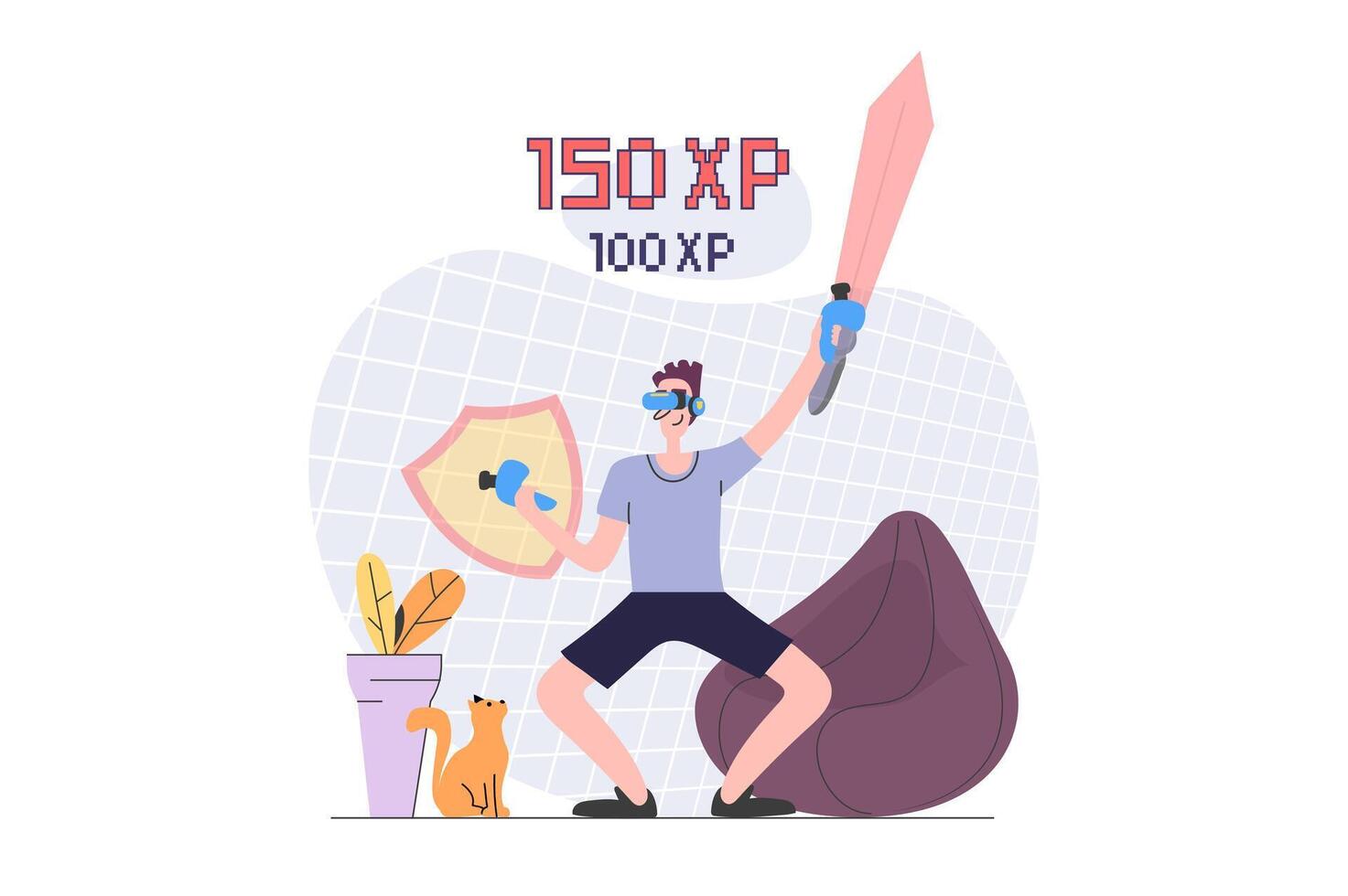 Virtual reality concept in modern flat design for web. Man in VR headset and controllers paying games with game shield and sword in augmented space or metaverse simulation. illustration. vector