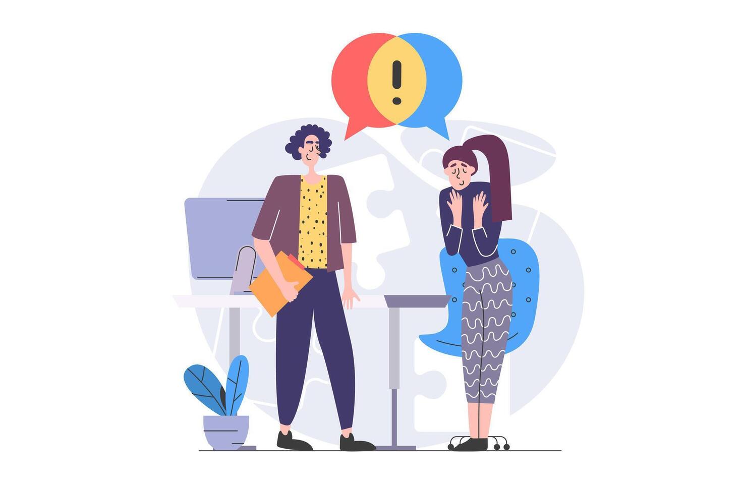 Teamwork concept in modern flat design for web. Team staff cooperating and brainstorming in office, discussing project goals and marketing strategy, doing challenges and tasks. illustration. vector